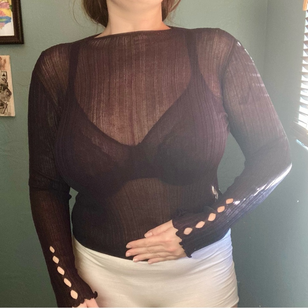 Vintage 90s Scoop Grunge Sheer Cotton Long Sleeve with Cutouts